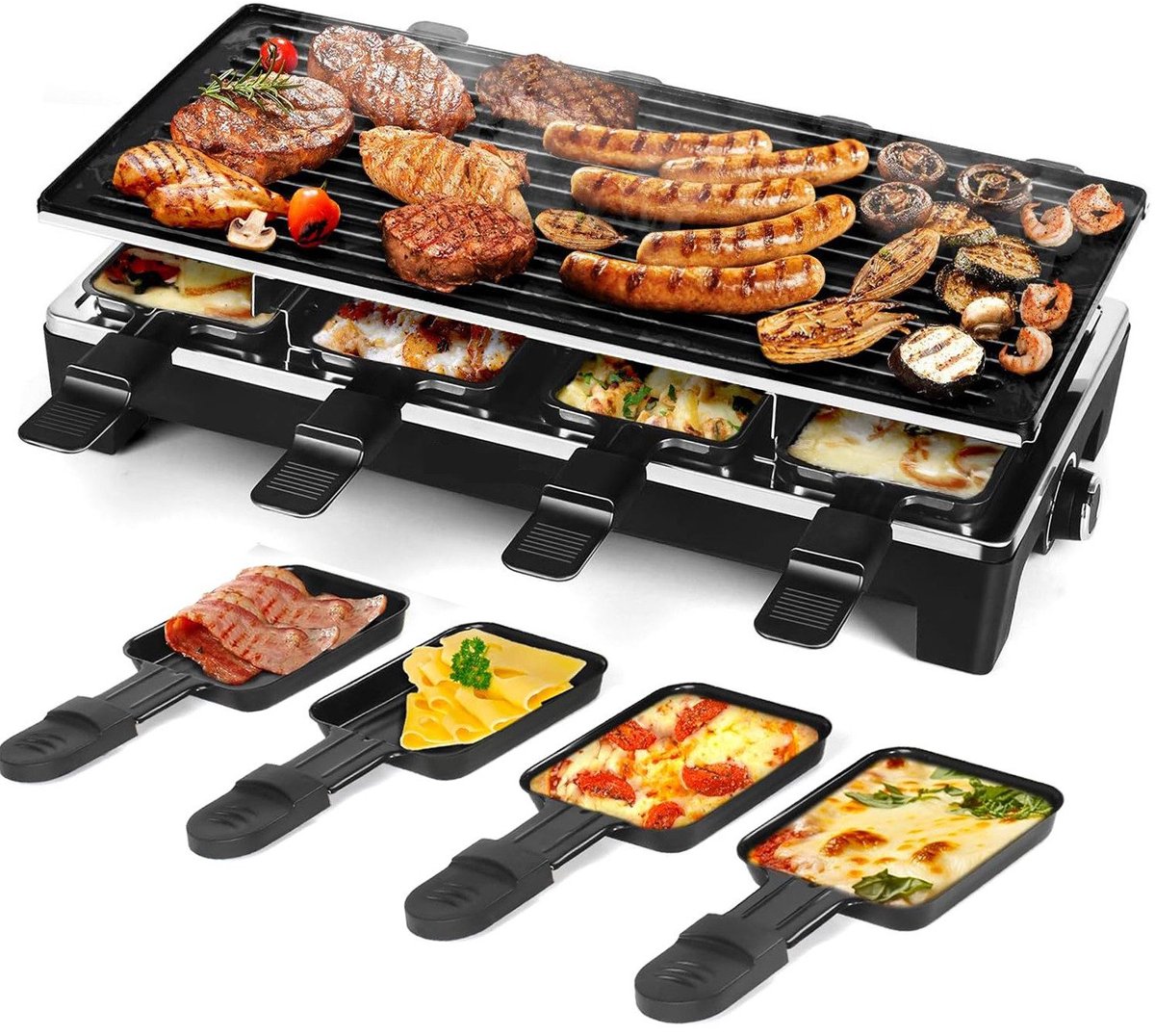 IBETTERTEC - Tafelgrill Elektrische Grill - Barbecue Elektrische Grill - Rookvrije Grill 40 x 20 cm grilloppervlak - instelbare thermostaat - met 8 kleine bakvormen