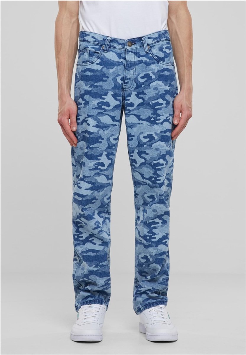 Urban Classics Laser Camo Printed Jeans Broek rechte pijpen Taille 32 inch Blauw