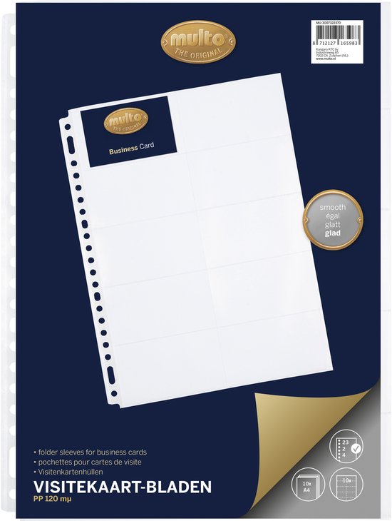 Blauwe verpakking van Multo visitekaart-bladen met een insteekhoes met logo en 'Business Card' erop.
