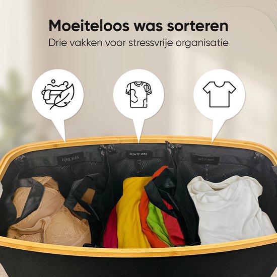 Panier à linge Premium 3 compartiments XXL - 200 L - Trieur de linge - Panier à linge avec couvercle - Avec 3 sacs amovibles - Zwart - Boutons - Boules de séchage incluses