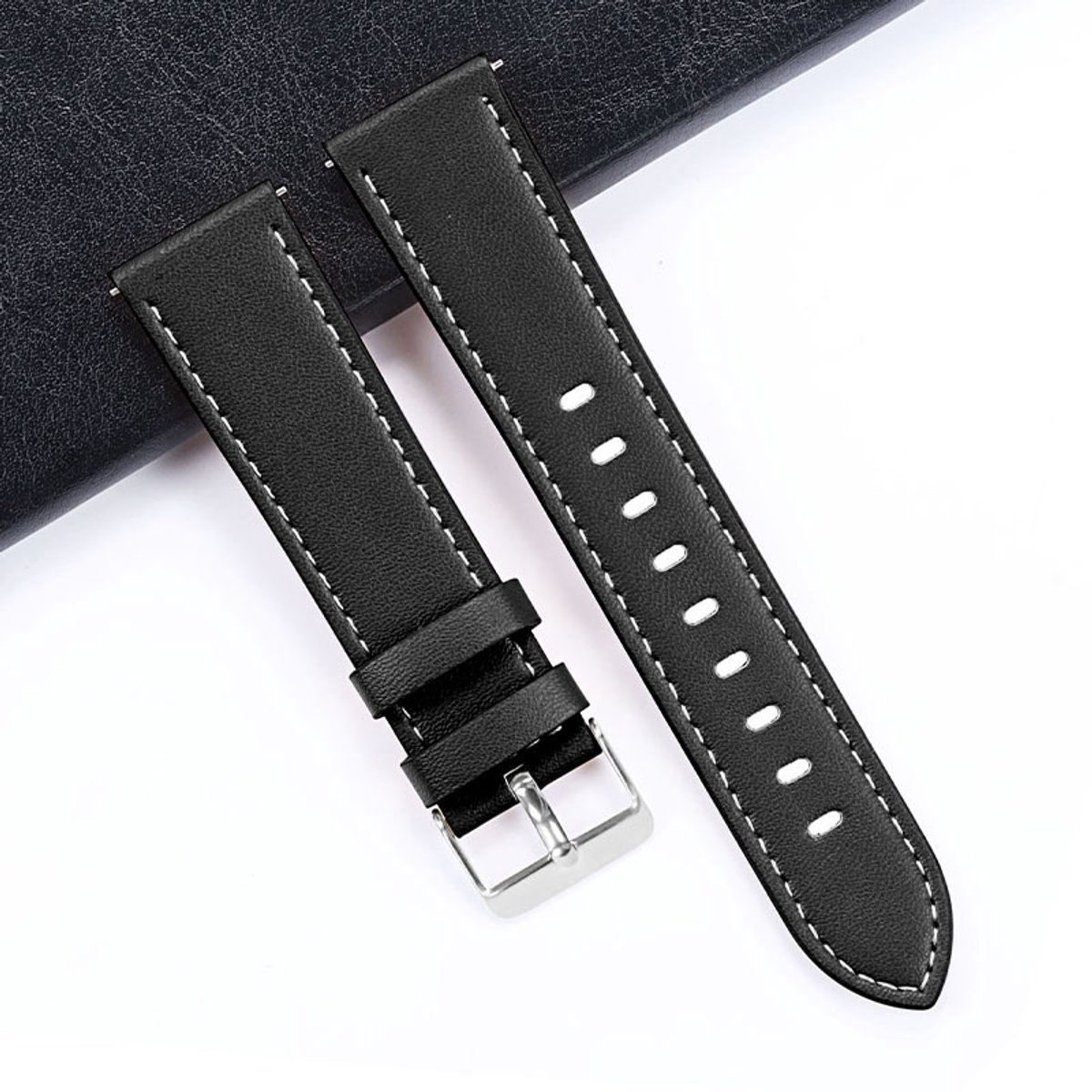 Vintage band wit gestikt leren handgemaakt sport- of klassiek horloge - maat 20 mm - zwart 384