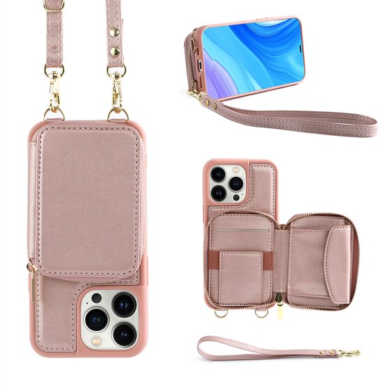 Étui portefeuille de Luxe avec bandoulière – Compatible avec Apple iPhone 16 Pro Max – Étui et sac bandoulière – Rose