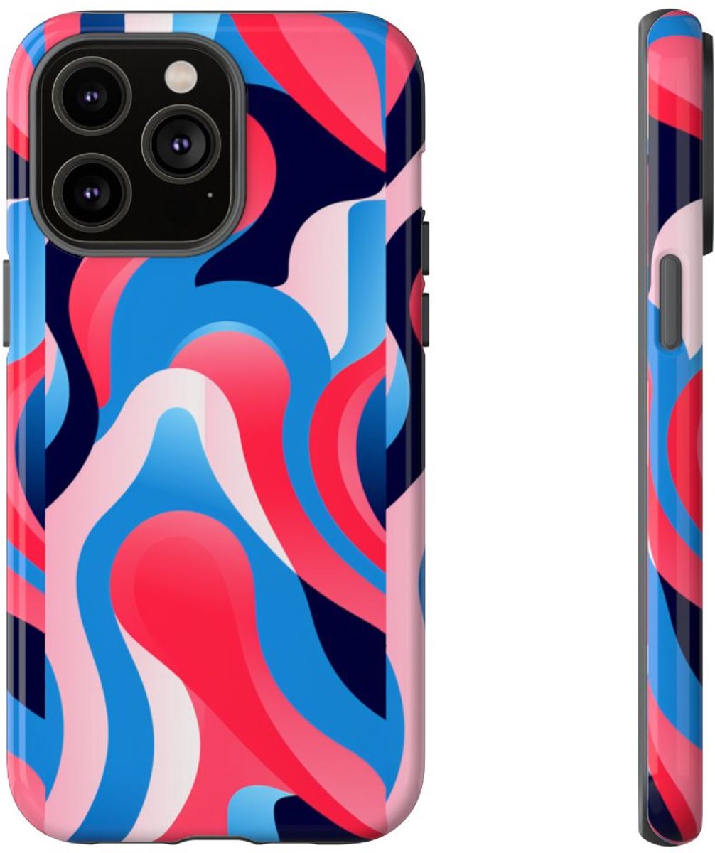 Blauw-Rood Abstract Golvend Patroon – Telefoonhoesje Geschikt voor iPhone 14 Pro Max