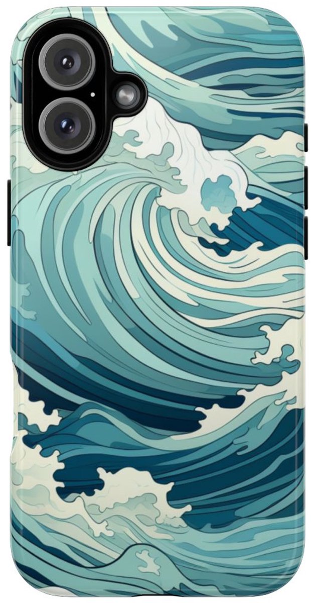 Ocean Wave Patroon – Glanzend Stevig Telefoonhoesje Geschikt voor iPhone 16 Plus