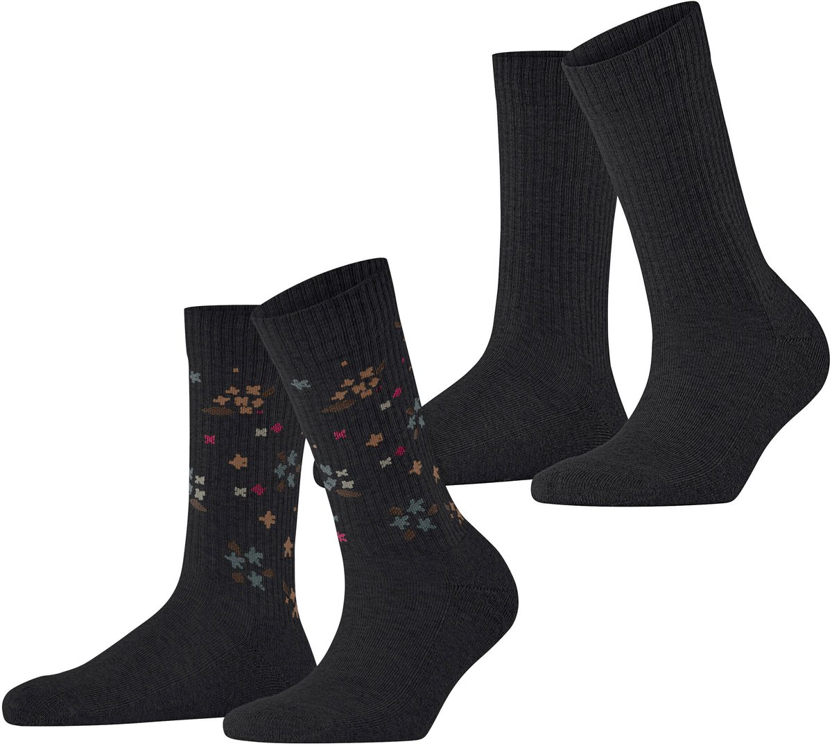 Esprit Flower Rib 2-Pack gedessineerd katoen multipack sokken dames zwart - maat 35-38