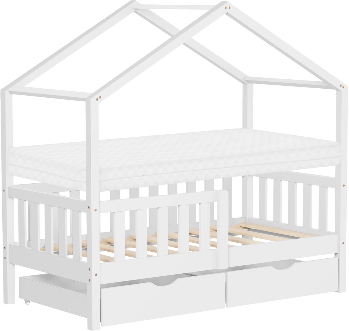 ml-design Montessori kinderbed huisbed 70x140 cm houten juniorbed met wit matras 2 lades valbeveiliging lattenbodem speelbed vloerbed voor meisjes jongens kinderkamer massief hout bedframe houten huisbed