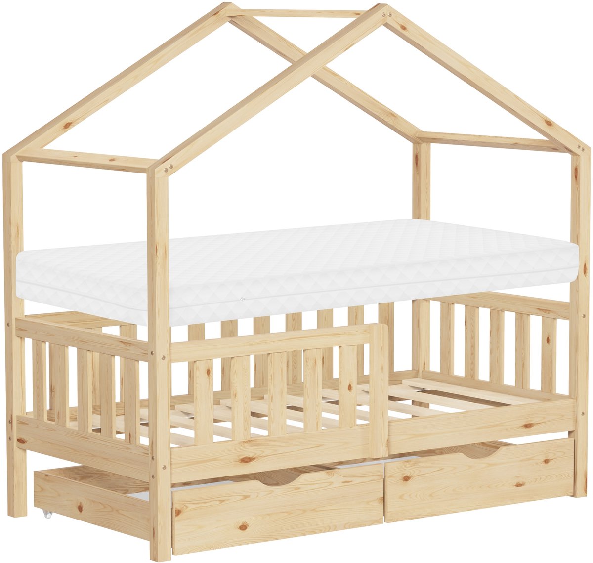 ml-design Montessori kinderbed huisbed 70x140 cm houten juniorbed met natuurlijke matras 2 lades valbeveiliging lattenbodem speelbed vloerbed voor meisjes jongens kinderkamer massief hout bedframe houten huisbed Beige