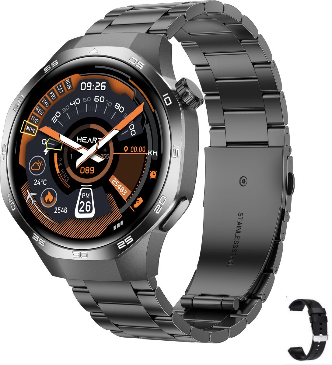 Knobbout 1.53" Scherm Stijlvolle Sport Smartwatch – NFC- Kompas, Hoogtemeter, Barometer-Bluetooth Bellen - Draadloos Opladen - hartslag, bloeddruk, zuurstofgehalte (SpO₂) - AI Assistent - medicatie innemen alert - Zwart staal + Siliconen Band