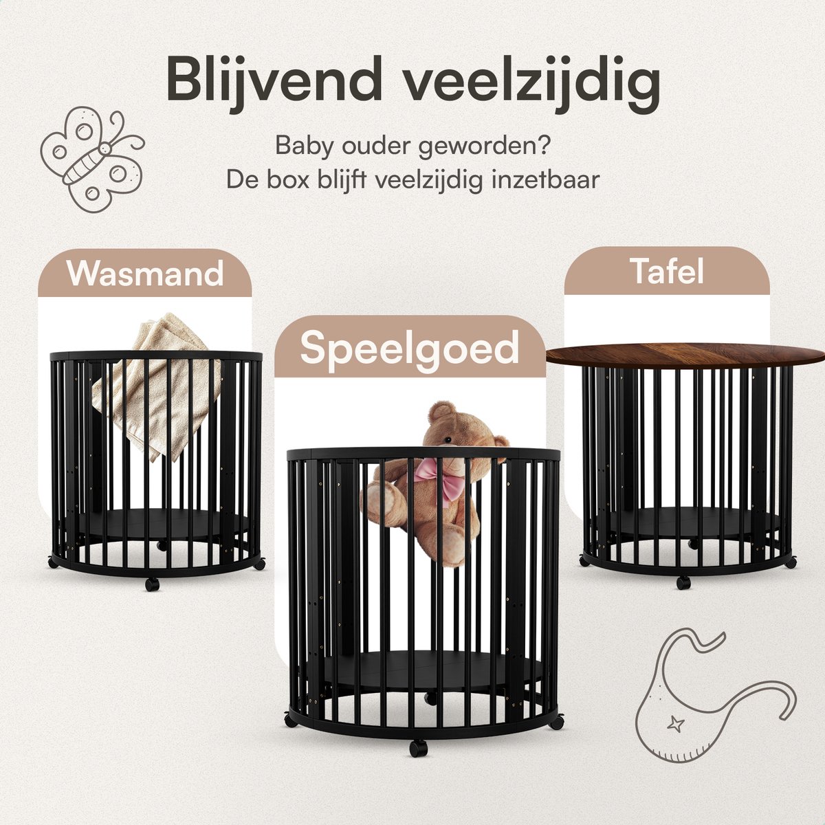 Flowsense Baby Box – Ronde Speelbox - Grondbox - Kinderbox - Playpen – Met Matras – Verstelbare Hoogtes – Wielen - Zwart – foto 7