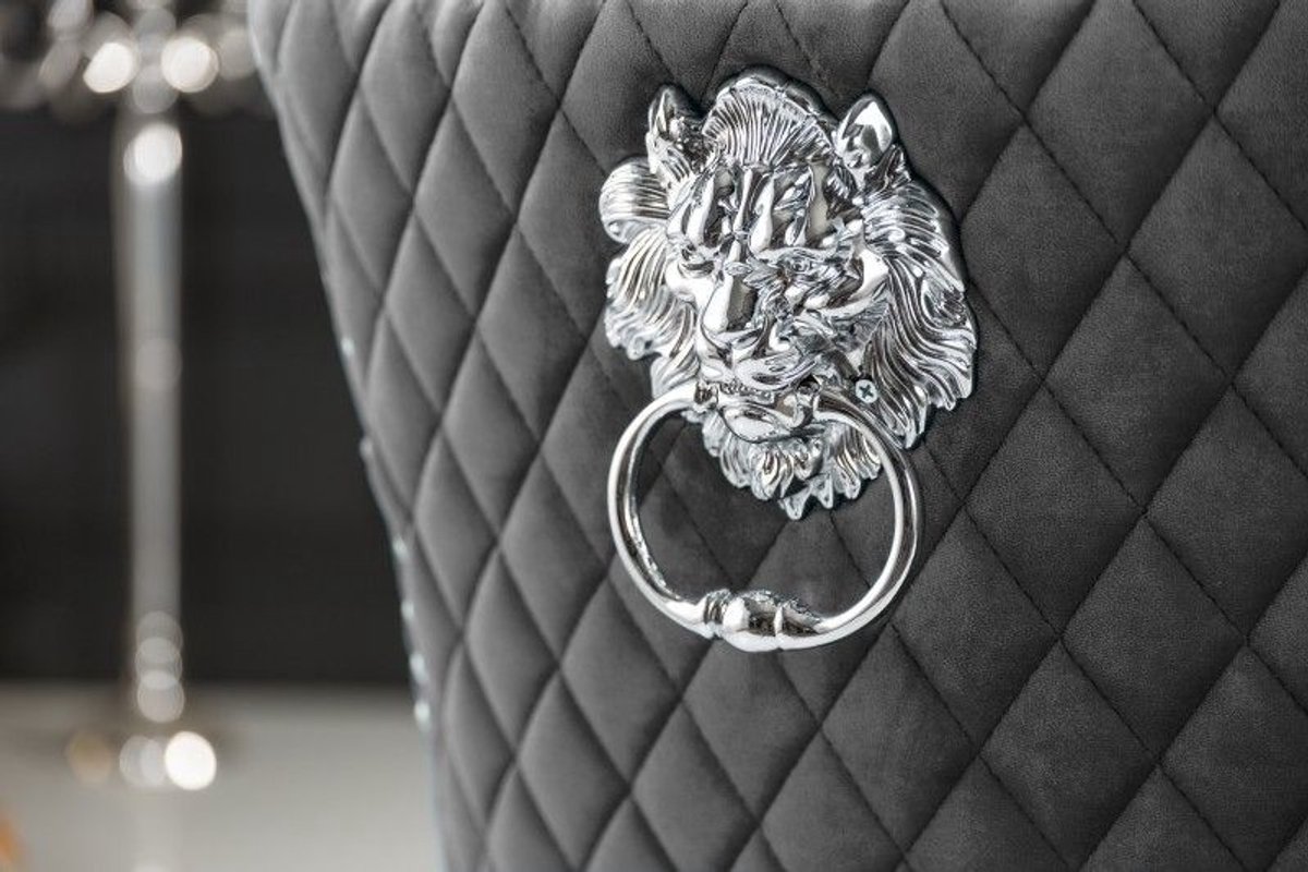 Invicta Interior Elegante stoel CASTLE DELUXE grijs fluwelen leeuwenkop Chesterfield design eetkamerstoel klinknagels - 40471 Zie omschrijving