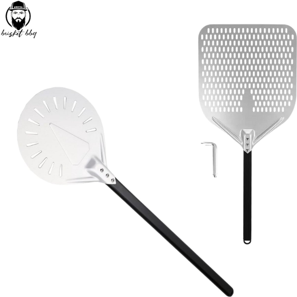 Brisket BBQ® pizzaschep - pizza schep - geperforeerde pizzaschep aluminium -Rond+Vierkant 2 stuks Complete set