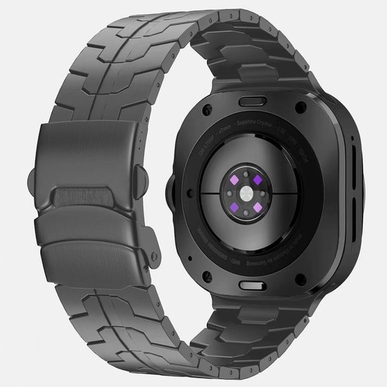 Achterkant van een donkergrijs Stravo 'Iron' smartwatchbandje met sensoren en specificaties.