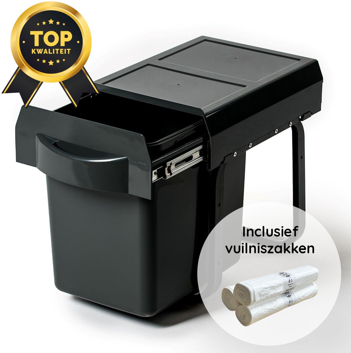 Eleganca Inbouw Prullenbak – 16 L - Afvalemmer - Afvalbak Afvalscheiding – Met vuilniszakken - Geschikt vanaf deurbreedte 30 cm, inbouwdiepte 37 cm & kasthoogte 35 cm – Antraciet