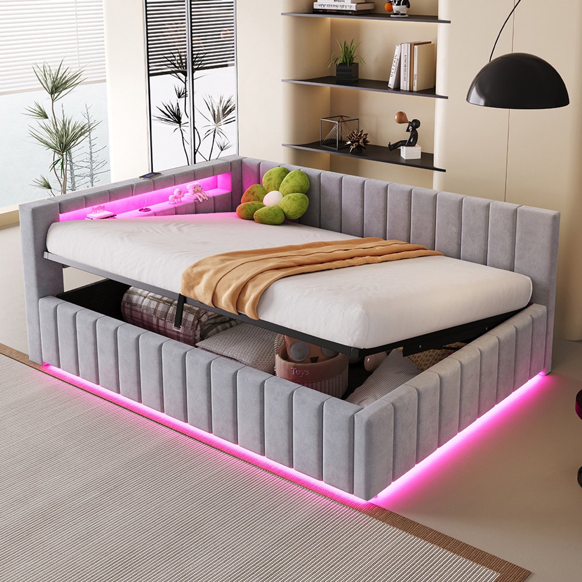 Komhtom Gestoffeerde slaapbank 140x200, met hydraulische opbergruimte, met led-verlichting en USB-poort, met rugleuning, hoofdeinde en stabiel bedframe, lichtgrijze fluwelen stof