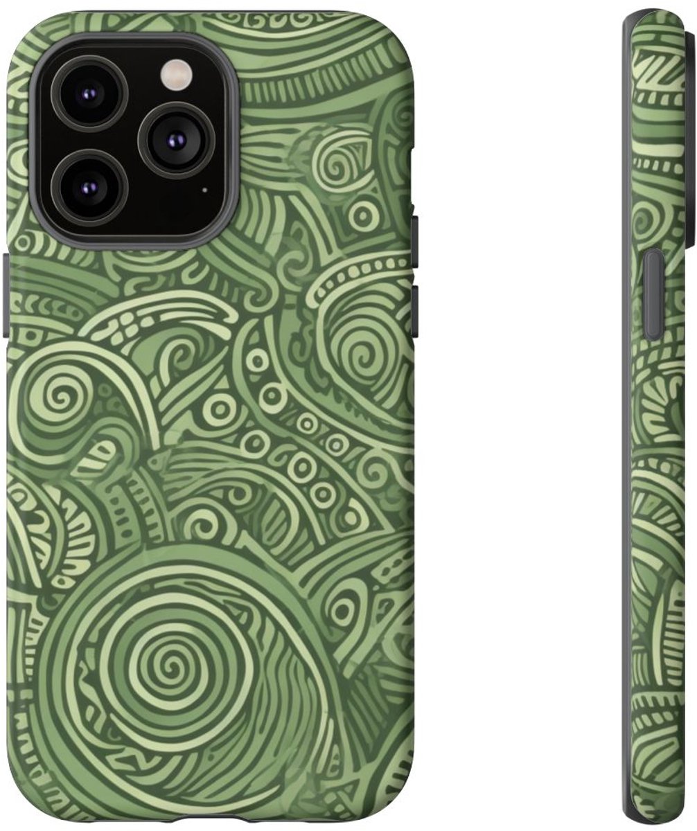 Abstract Groen Tribal Doodle Patroon – Telefoonhoesje Geschikt voor iPhone 14 Pro Max