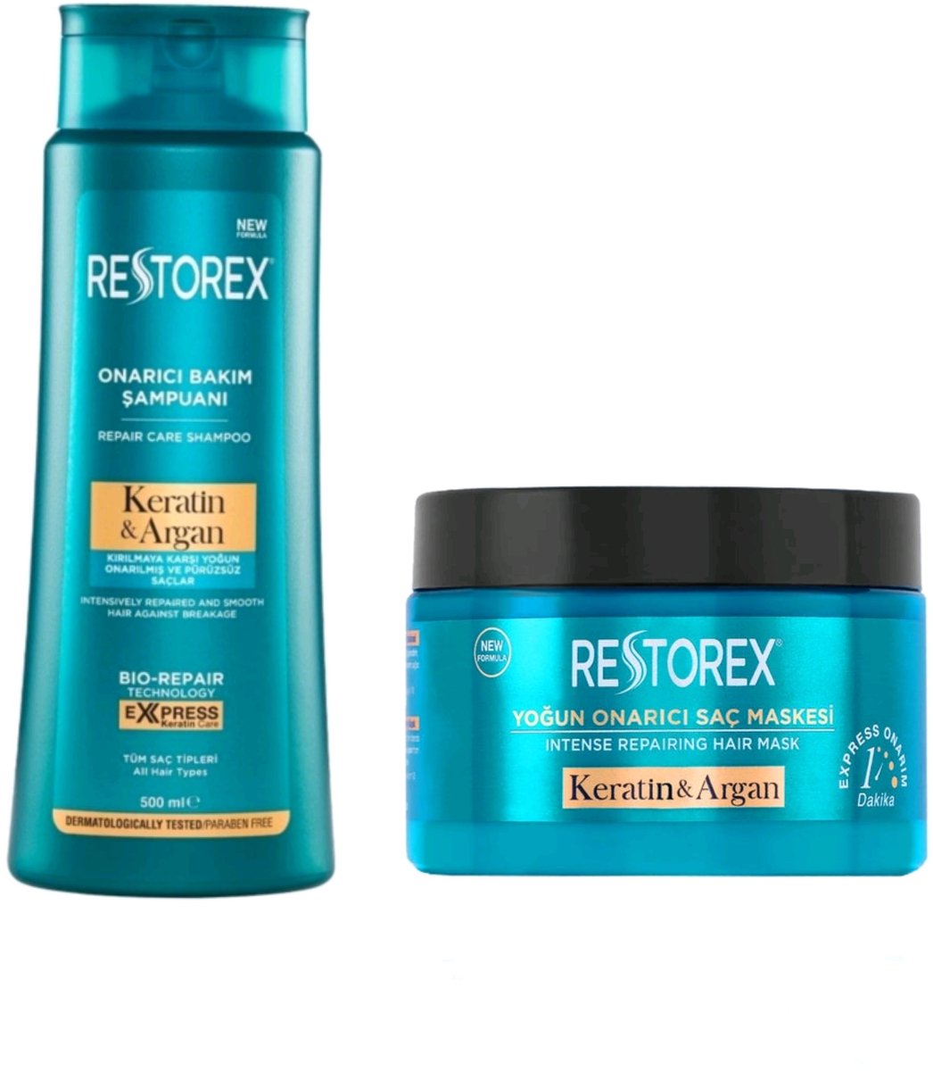 Restorex Keratine & Argan Haarverzorging set - 1 x Keratine & Argan Haarmasker 300ml - 1x Keratine & Argan Shampoo 500ml - Intensief Herstellend Haarmasker - Keratine & Argan - Versleten en beschadigd Haar - Botox-Effect - Haarverzorging