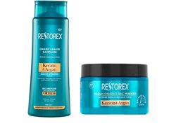 Restorex Keratine & Argan Haarverzorging set - 1 x Keratine & Argan Haarmasker 300ml - 1x Keratine & Argan Shampoo 500ml - Intensief Herstellend Haarmasker - Keratine & Argan - Versleten en beschadigd Haar - Botox-Effect - Haarverzorging