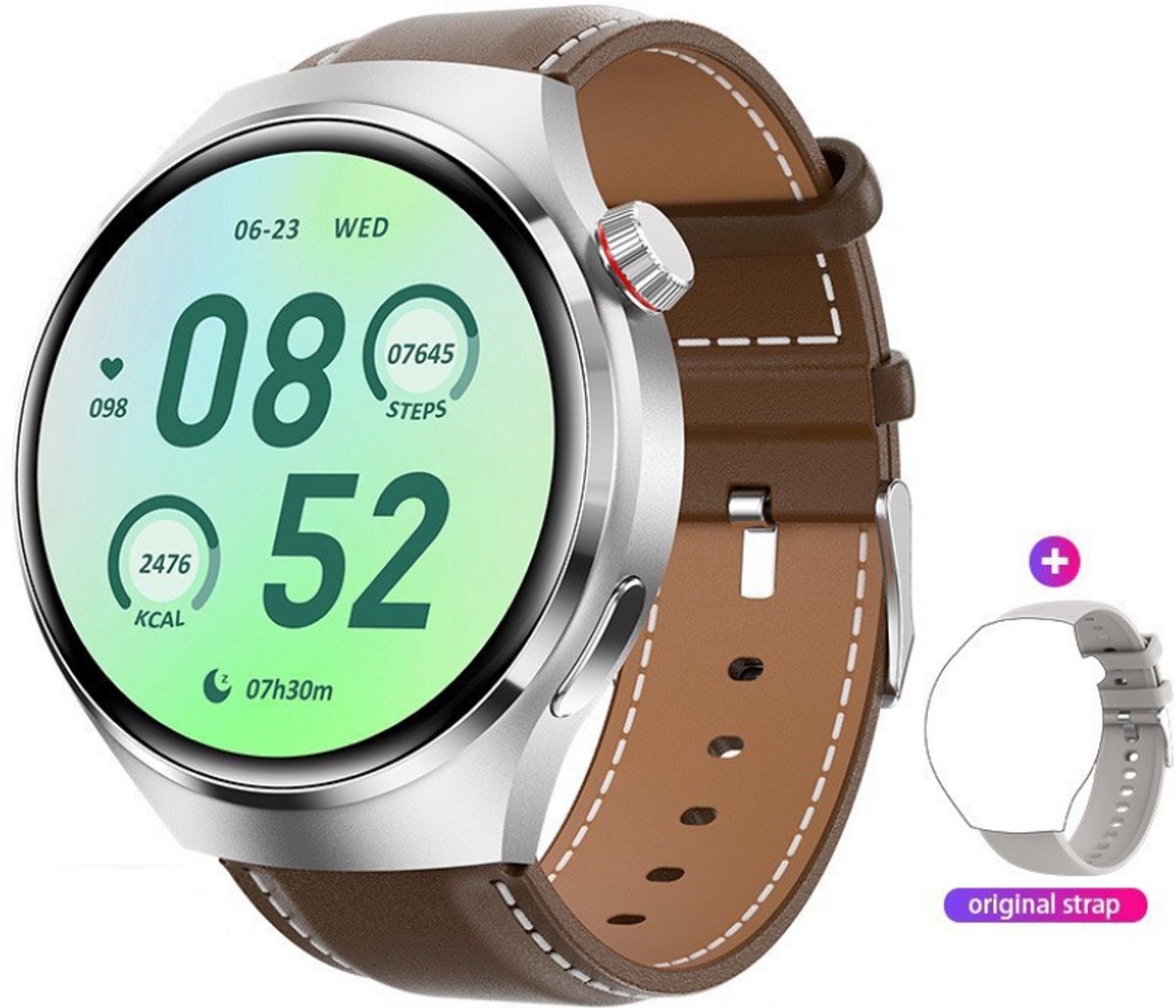 Knobbout 1.6 inch(3.7cm) Stijlvolle HD Kleurenweergave Scherm smartwatch - Ingebouwd Kompas - Hoogtemeter en Barometer - Krachtige NFC-functie - Bluetooth Handsfree Bellen - Dynamische Interactieve Weergave -Bruin leren en siliconen horlogeband