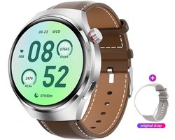 Knobbout 1.6 inch(3.7cm) Stijlvolle HD Kleurenweergave Scherm smartwatch - Ingebouwd Kompas - Hoogtemeter en Barometer - Krachtige NFC-functie - Bluetooth Handsfree Bellen - Dynamische Interactieve Weergave -Bruin leren en siliconen horlogeband