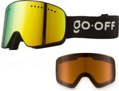 GO-OFF skibril met zwarte band, verwisselbare groen-gele spiegelende lens en extra oranje lens.