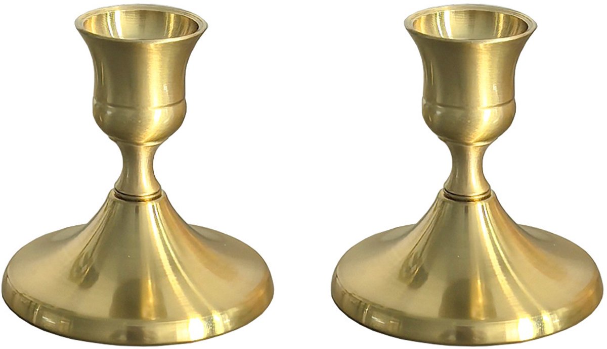 2Delige Kleine kandelaar ornamenten - gouden taps toelopende kandelaars - vintage metalen