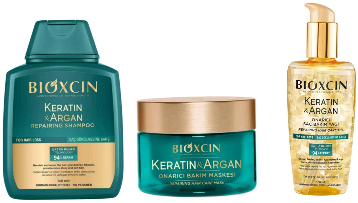 Bioxcin Keratin & Argan - Haarverzorgingsset - Shampoo, Olie & Haarmasker - 675ml
