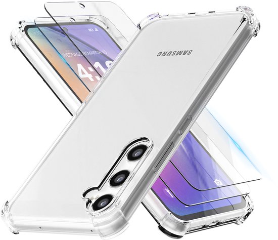 Coque de téléphone transparente et deux protecteurs d'écran sur fond blanc. La coque est transparente et révèle le logo Samsung sur le téléphone.