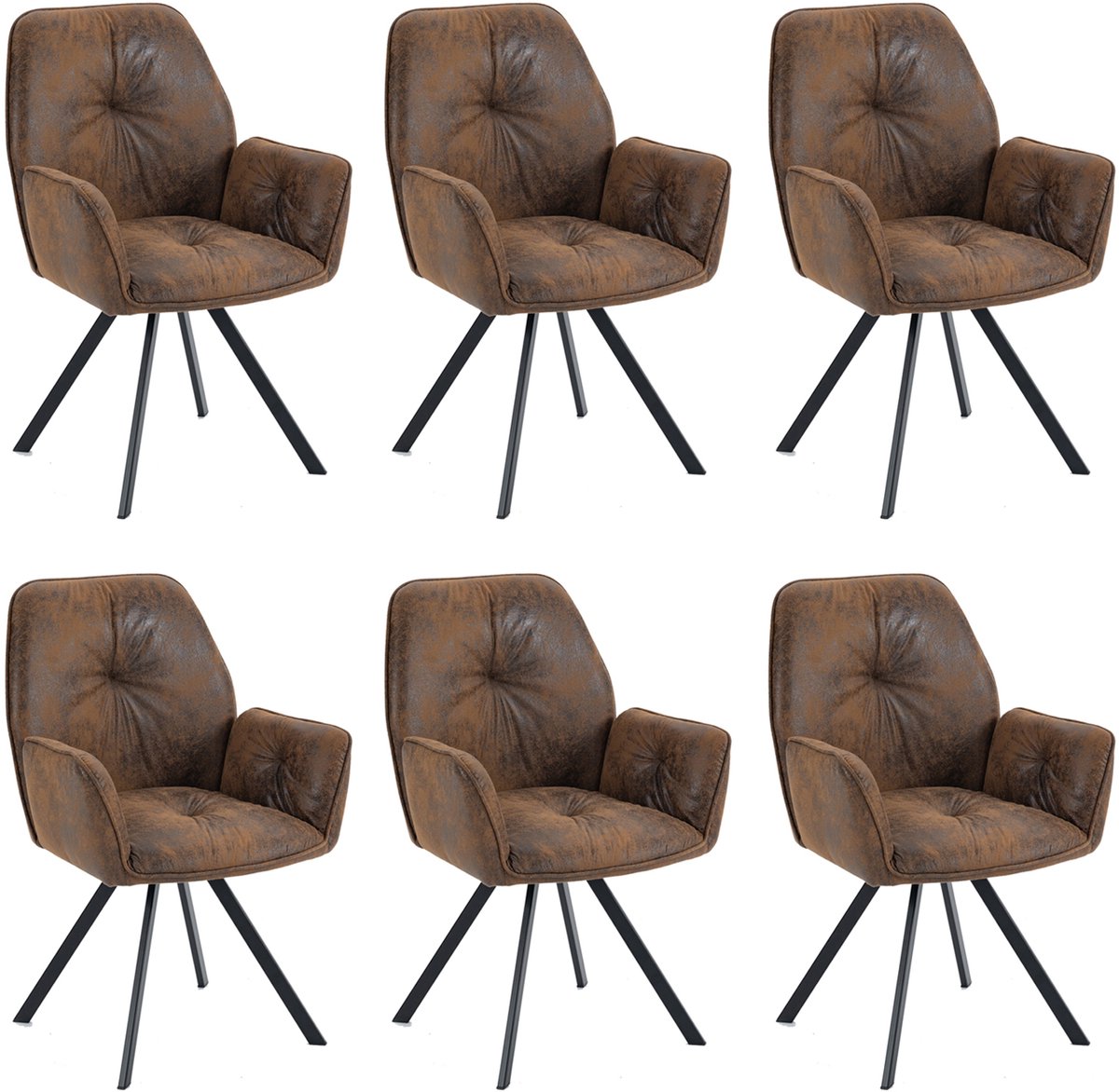 MEUBLE COSY Meubles Cosy Set van 6 comfortabele eetkamerstoelen - met armleuningen Suède microvezel Vintage stijl - Bruin