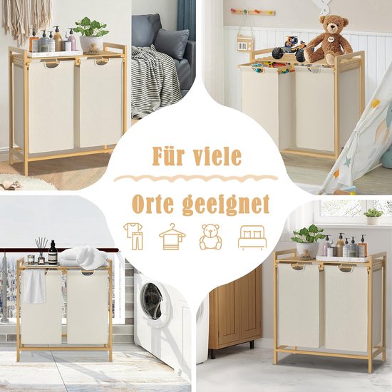 Wasmand Beige - 3 Vakken Met Plank Voor Vuile Was - 90L Bamboe Wassorteerder En Sorteersysteem