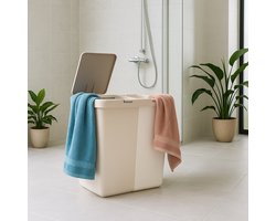 Motek® - Wasmand - 40 L+40 L - 80 L - 2 Vakken met Deksel - Met Touch Deksel - Gemaakt van 100% gerecycled kunststof - 80 L - wasmand met deksel - Wassorteerder - Beige