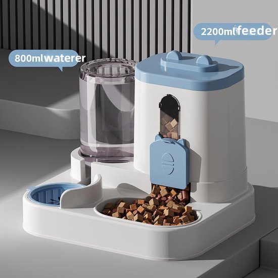 Kattenvoerbak En Waterdispenser, 2-in-1 Automatische Kattenvoerbak Met Grote Capaciteit, Automatische Voerbak, Geschikt Voor Kleine Tot Middelgrote Honden, Puppy's En Kittens (Blauw)