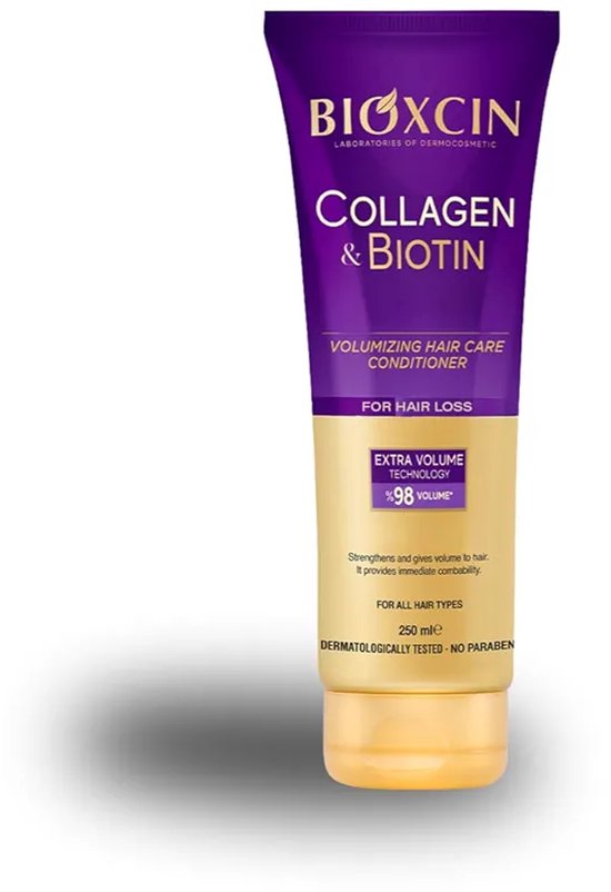 Paarse tube Bioxcin Collagen & Biotin conditioner, met gouden dop en details. 250 ml. Speciaal voor haarverlies en het geven van volume.