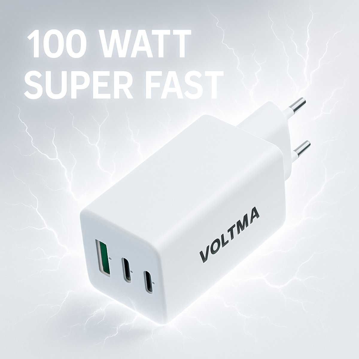 Voltma PH100ACC 100W snellader - Snelle Multi-Poort GaN Oplader van 100 Watt met 2x USB-C en 1x USB-A poorten - 100 Watt Fast Charging - USB C Laptop adapter - oplaadadapter geschikt voor iPhone, Samsung, Tablets, Laptops, Macbooks en Dell - Wit