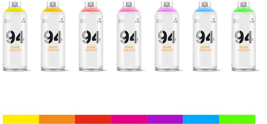 Sept bombes de peinture de différentes couleurs et une barre de couleurs arc-en-ciel.