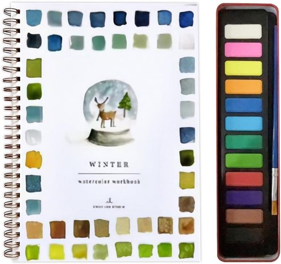 Aquarel Verfset met 12 Kleuren en Penselen - Winter Thematisch Werkboek voor Beginners - Complete Schilderset voor Volwassenen en Kinderen