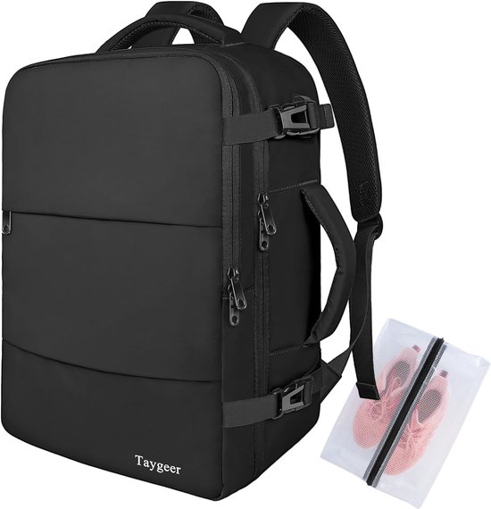 Taygeer Handbagage Rugzak 40x30x20 cm – Cabin Size met Nat Vak & Schoenenvak – 15.6 inch Laptopvak & USB-oplaadpoort – Waterafstotend Nylon – Zwart – Voor Vliegtuig, Zakenreis, Weekendtrip & Dagelijks Gebruik