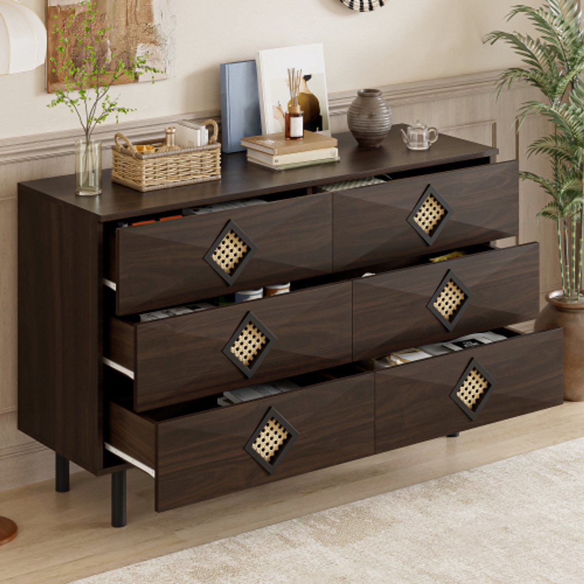 Kaptafel 6-laden – Stijlvolle make-uptafel met rattan grepen, praktisch en stabiel, ideaal voor slaapkamer