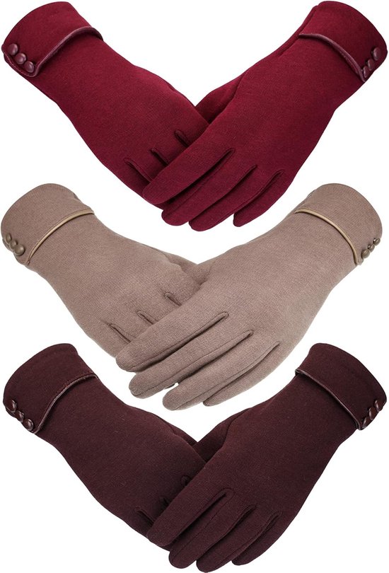 Warme handschoenen - Winterhandschoenen voor dames - met touchscreen-functionaliteit en fleecevoering - 3 paar - Diverse kleuren