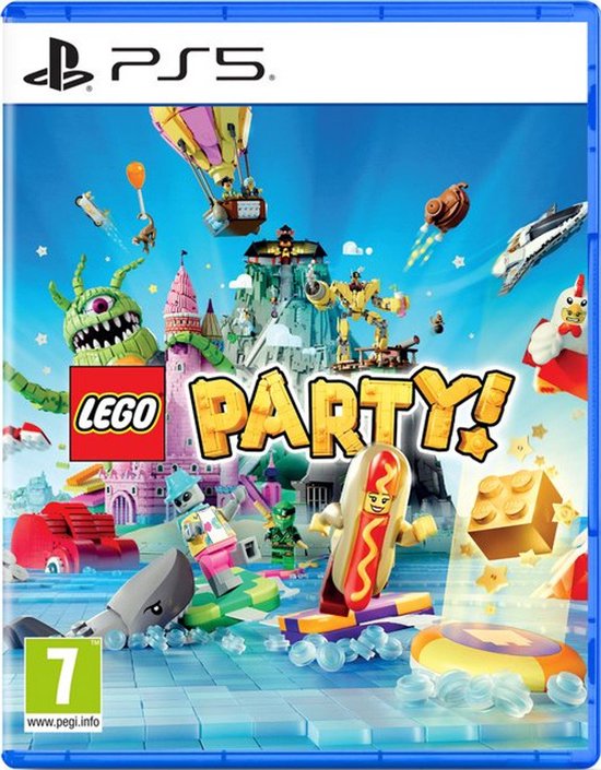 PS5 gamehoes met kleurrijke LEGO karakters en een hotdog.