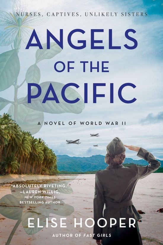 Boekcover van Angels of the Pacific, een roman over WOII. Een vrouw in militair uniform salueert op een strand met palmbomen en vliegtuigen in de lucht.