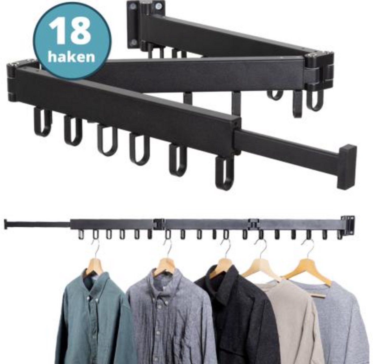 Homra Wanddroogrek Inklapbaar - Tot 18 Kledingstukken - Wasrek Hangend - Kledingroede Verstelbaar - Hangdroogrek - Droogrek Ophangbaar - Bevestigen aan Muur - Incl. Schroeven - Uitschuifbaar - Zwart Metaal