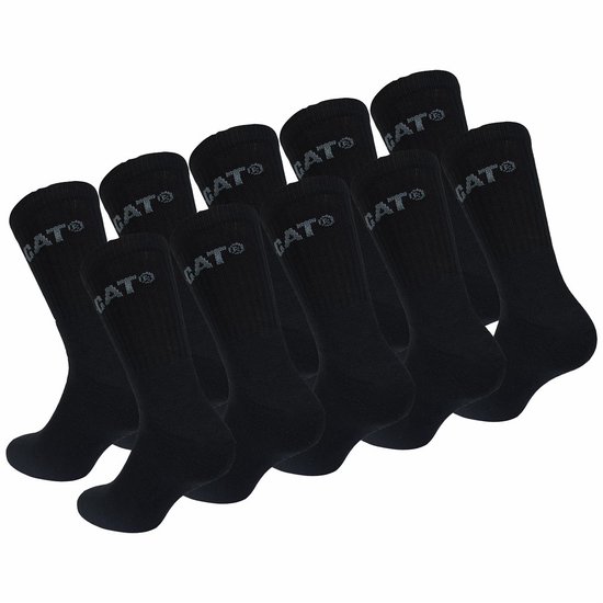 Caterpillar 10 Paires Chaussettes Performance Homme, Hauteur Mi-Mollet, Talon et Pointe Renforcés, Coton Noir 43-46