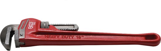 Clé à molette rouge BGS avec "HEAVY DUTY 18"" sur le manche. Mâchoires préhensiles et vis réglable.
