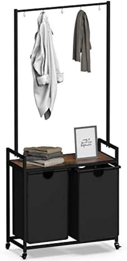 VASAGLE BLH231B02 Wasmand, 2-delige wasmand met 2 planken, uittrekbare en uitneembare voeringen, kledingstang, 2x 46 l, 73 x 33 x 177 cm, rustiek bruin en zwart