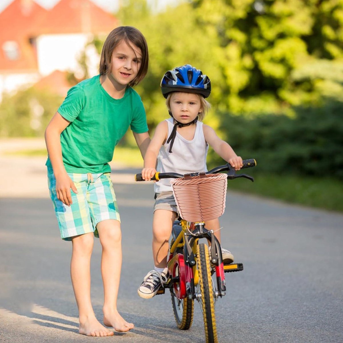 Allecto Plus - Mini fietsmand voor kinderen, 16 x 13 x 12,5 cm, gevlochten design, bruin, fietsaccessoires jongens meisjes