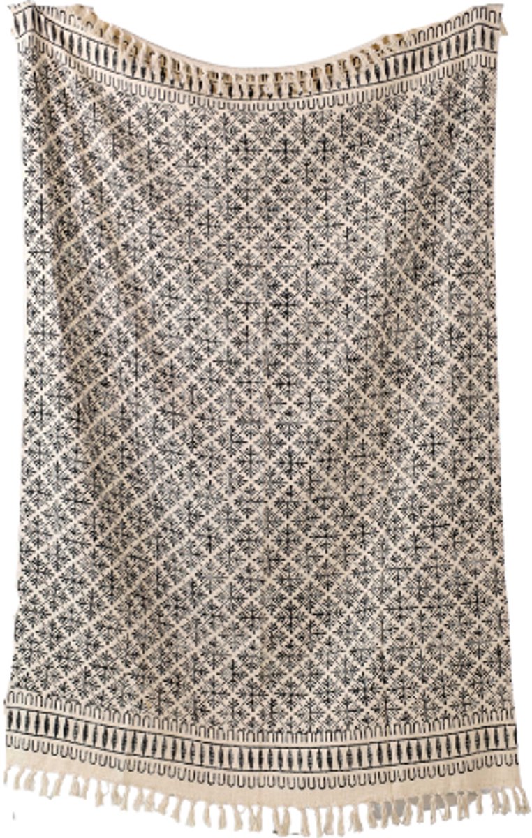Urbane Hide | Handgeblokte Nomadisch Bloemen Plaid | Plaids | 130x180 cm | met Franjes | 100% Katoen | Beige en Zwart
