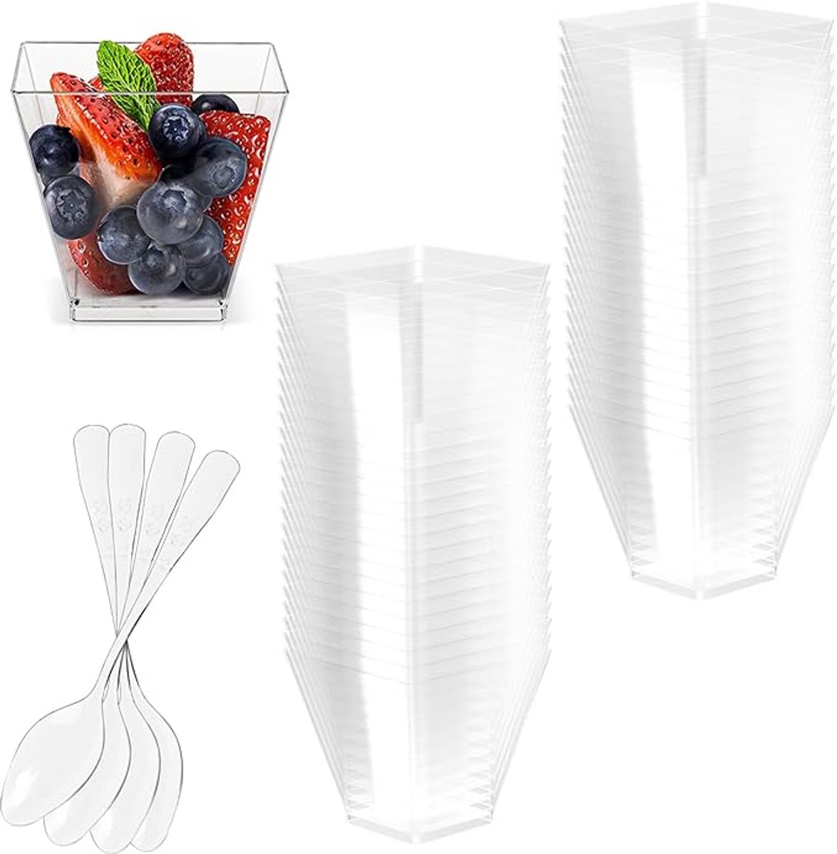 Image of 50 Plastic Dessertbekers met Lepels - Dessertkomset - Vierkante Dessertbekers - Dessertkommen - Transparant en Herbruikbaar - Perfect voor Pudding - Mousse - IJs - Verjaardagen - Bruiloften - Feesten - 60ml
