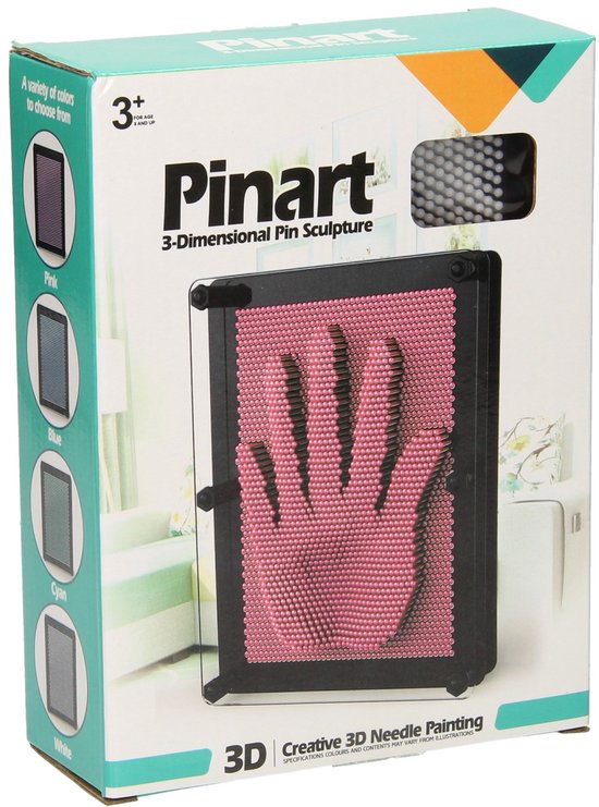 Pinart 3D-sculptuur met handafdruk in roze pinnen. Box toont 4 kleuren: roze, blauw, cyaan, wit.
