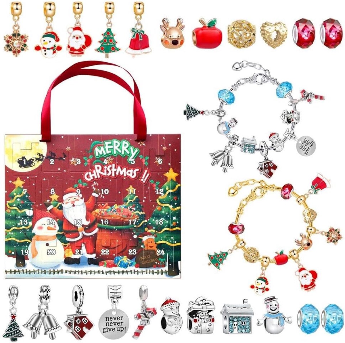 Aftelkalender Armbanden Maken Blinde Doos- Kerst Charm Armbandenset voor het Maken van Kerstversieringen- Cadeaus voor