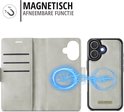 Lichtgrijs portemonnee hoesje met beige afneembare hoes, kaartvakken en magnetische oplader.
